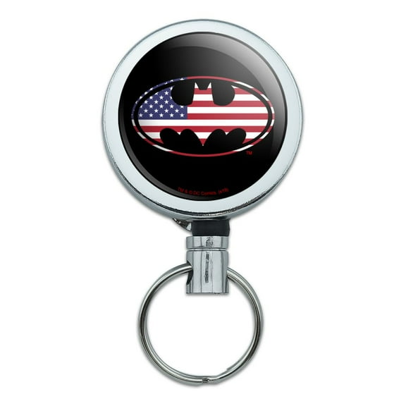 Batman USA American Flag Shield Logo Heavy Duty Metal Retractable Reel ID Badge Key Card Tag Holder with Belt Clip
