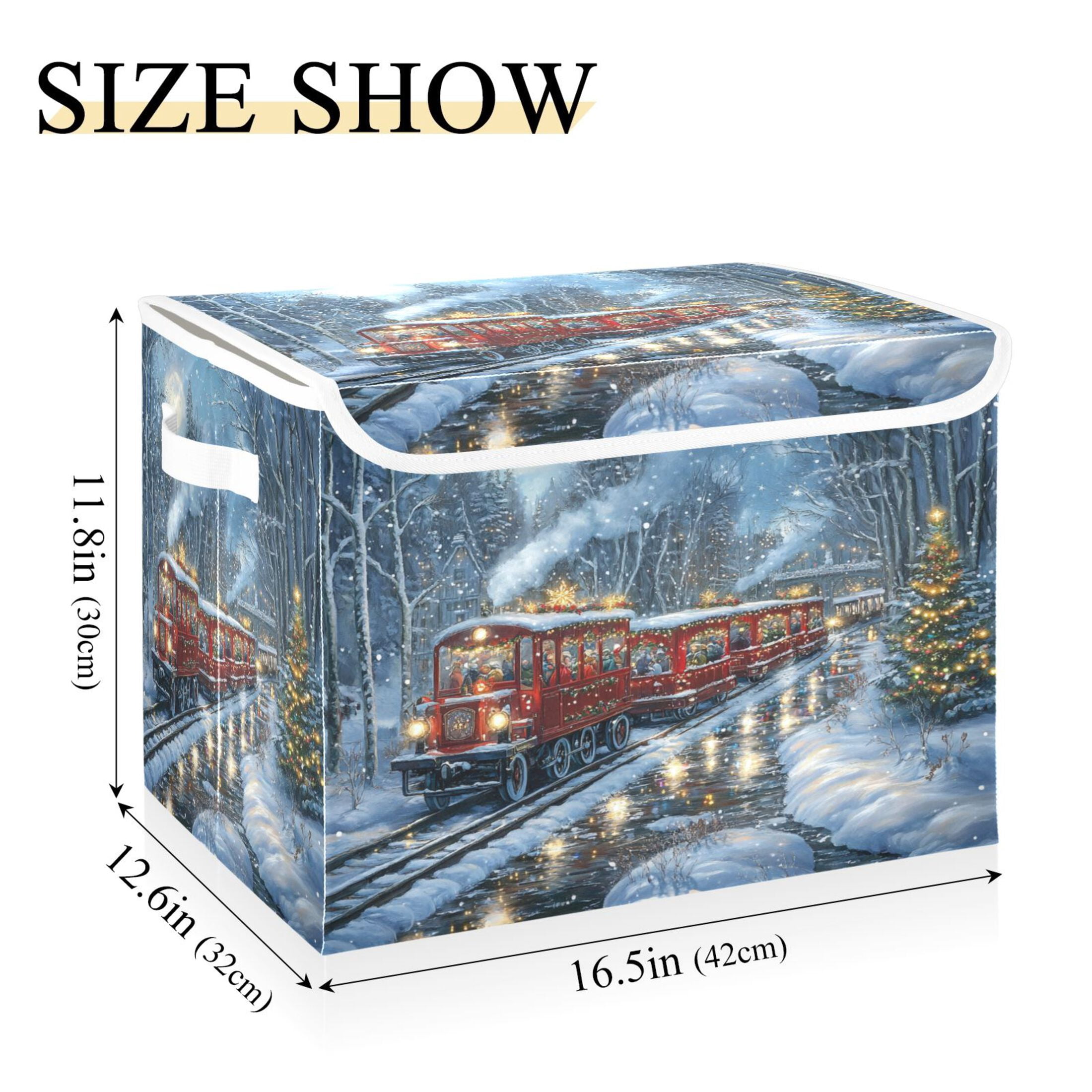 WOBOGO Christmas Train Picture Large Collapsible Storage Box Flip Lid Fabric Decorative Organizer Container Basket with Handles 16.5×12.6×11.8in