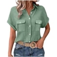 thumbnail image 2 of Craaazy Ladies Oversized Short Sleeve Tunic Tops, Lightweight Cotton Shirt, Turndown Collar Button Up Blouse with Chest Pockets for Everyday Outfits Gifts, 2 of 6