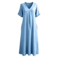 thumbnail image 6 of Feancey Women Cotton Linen Dresses Loose Fit Short Sleeve Dress Flowy Casual Maxi Dresses Solid Color Baggy Beach Vacation Dress Blue XXL, 6 of 10