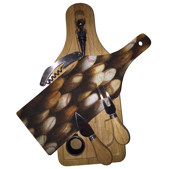 KuzmarK Wine & Cheese Glass Cutting Board Wood Box Gift Set - Baseballs Painting