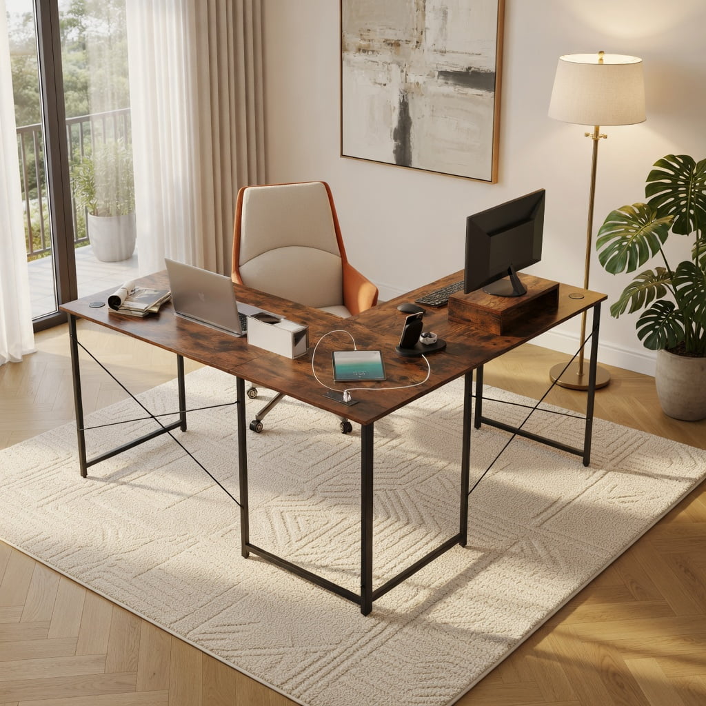 Demi Bonn 95" 2-Person L-Shaped Long Reversible Computer Desk with Monitor Stand, Small Home Office Desk Study Writing Table, Rustic Brown