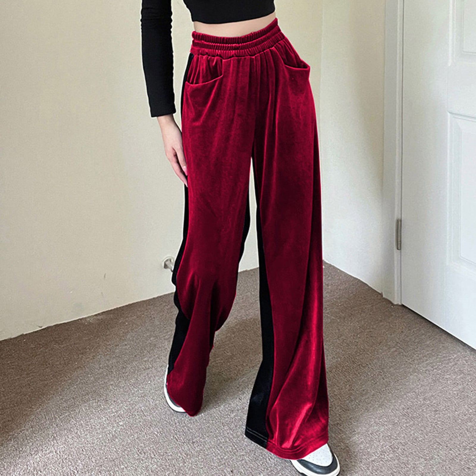 Simua Fashion Women's High Elastic Waist Velvet Loose Wide Leg