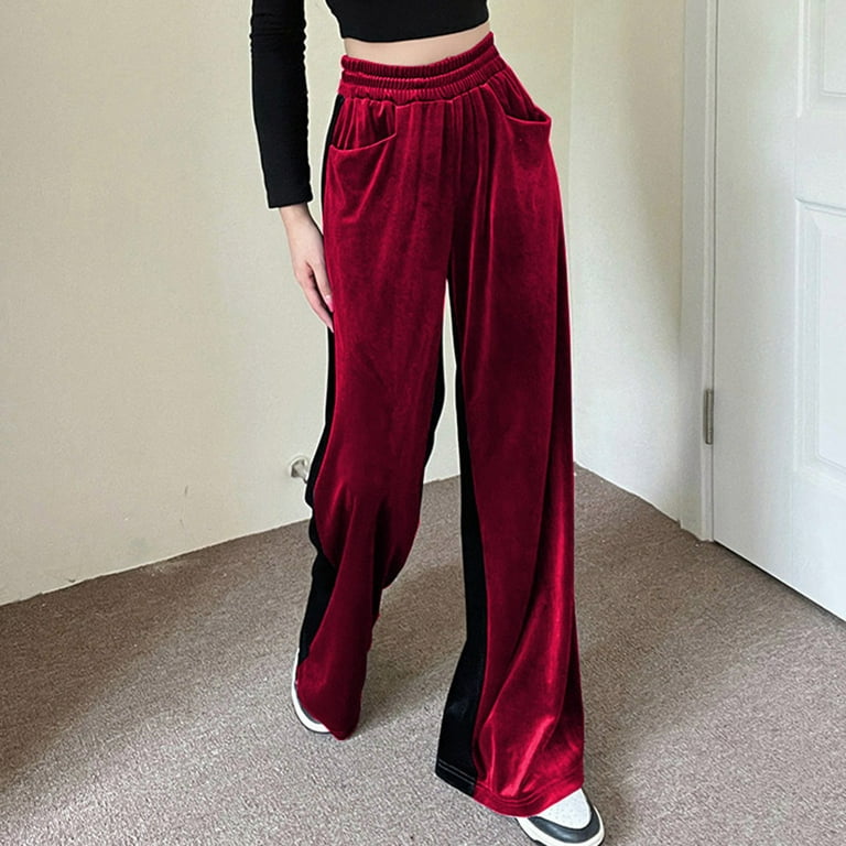 RQYYD High Waisted Velvet Pants for Women Elastic Waist Wide Leg Pants  Loose Palazzo Pants Velour Sweatpants with Pockets Wine XL