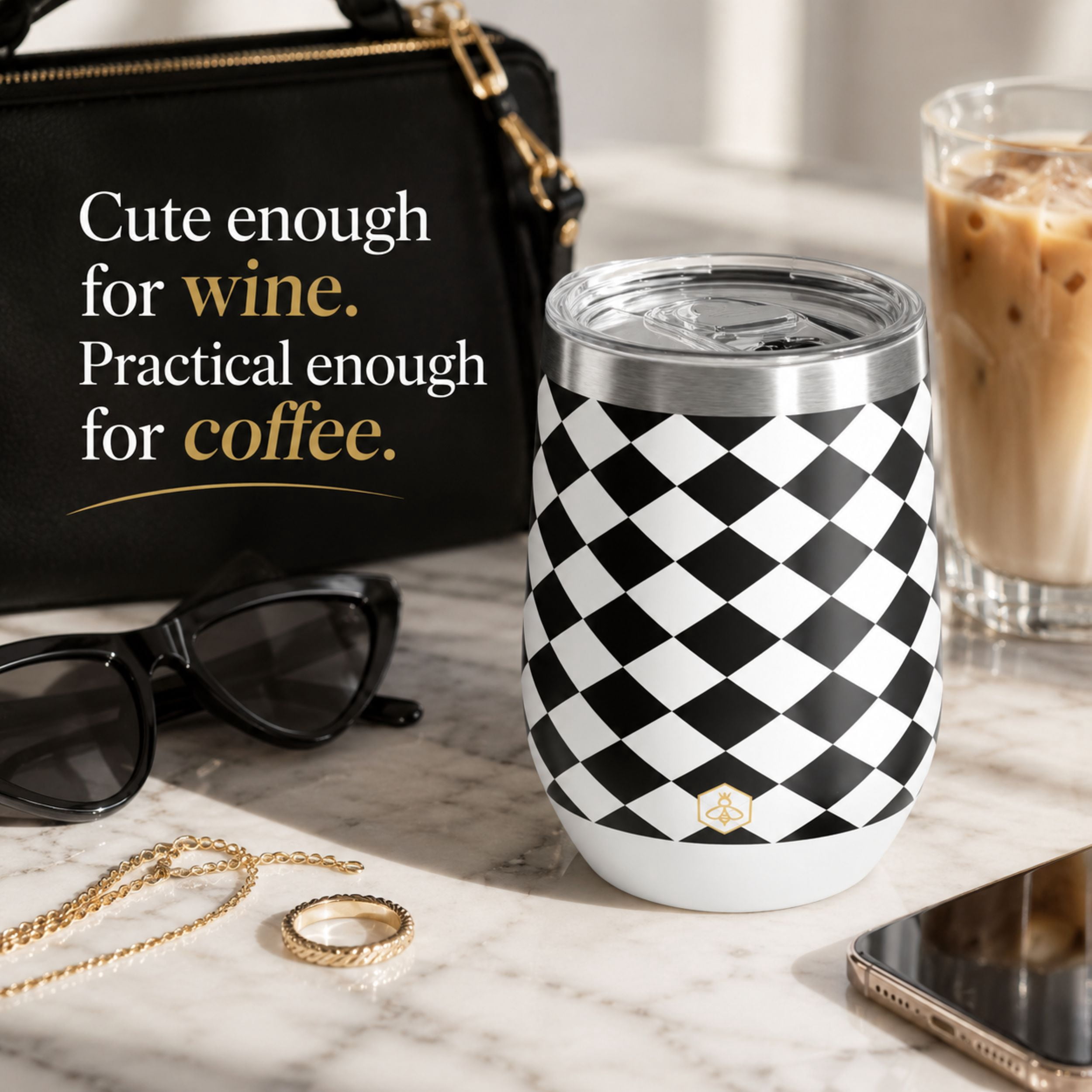Biddlebee 12oz Stainless Steel Insulated Wine Tumbler, Black & White Check