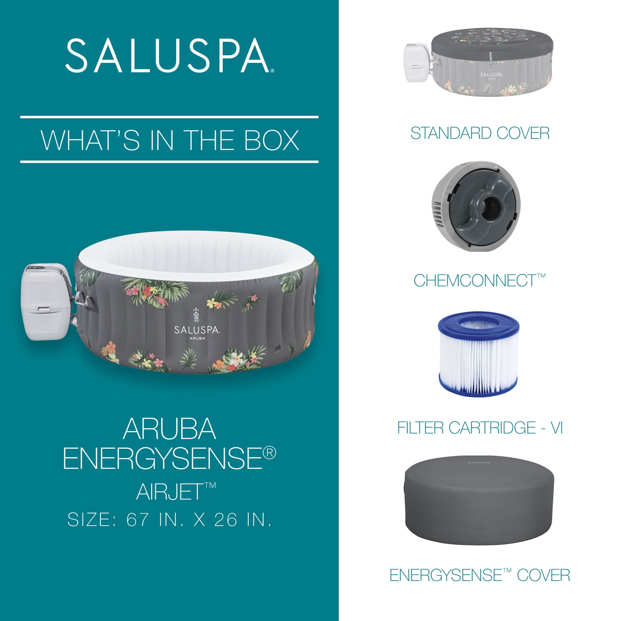 Bestway SaluSpa Aruba 2-3 Person Inflatable Hot Tub, Round Energy-Efficient Spa, 67" x 26"