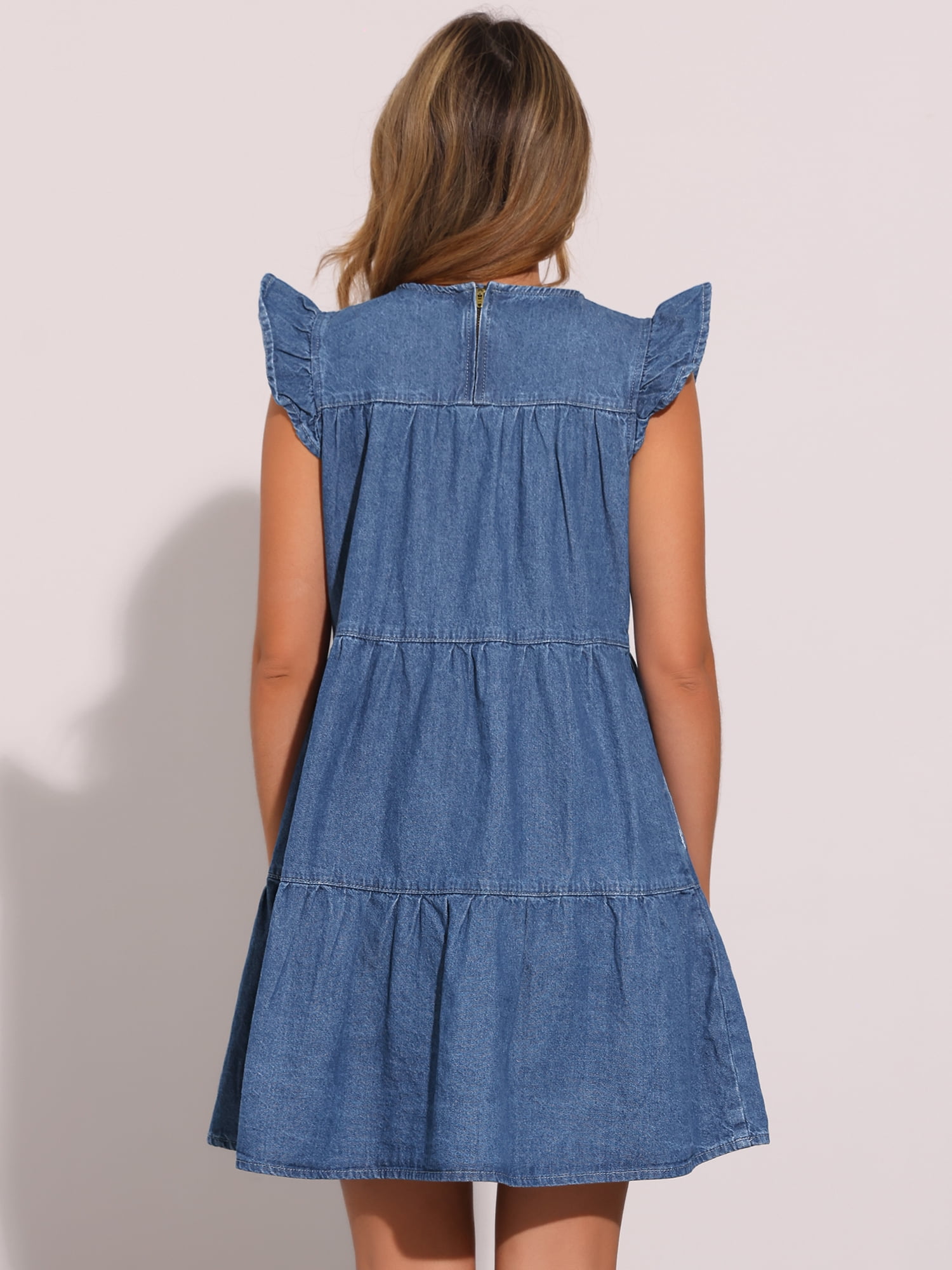 DARING DIVA Denim Casual Cap Sleeves Tiered Mini Dress XS Blue