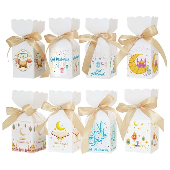 Jiibva 24Pcs/Set Paper Candy Boxes with Ribbon Eid Mubaraks Treat Gifts Boxes Moon Castle Pattern Goodie Candy Boxes Party Supplies