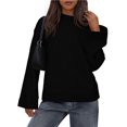 thumbnail image 2 of Womens Loose Round Neck Solid Color Bell Sleeve Long Sleeve Knitted Sweater Top for Fall Winter Bell Sleeve Trends,Black,M, 2 of 6