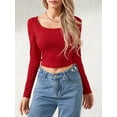 thumbnail image 2 of Women Crop Tops Solid Color Ribbed Scoop Neck Long Sleeve T-Shirts Spring Autumn Slim Fit Bottoming Shirts, 2 of 6