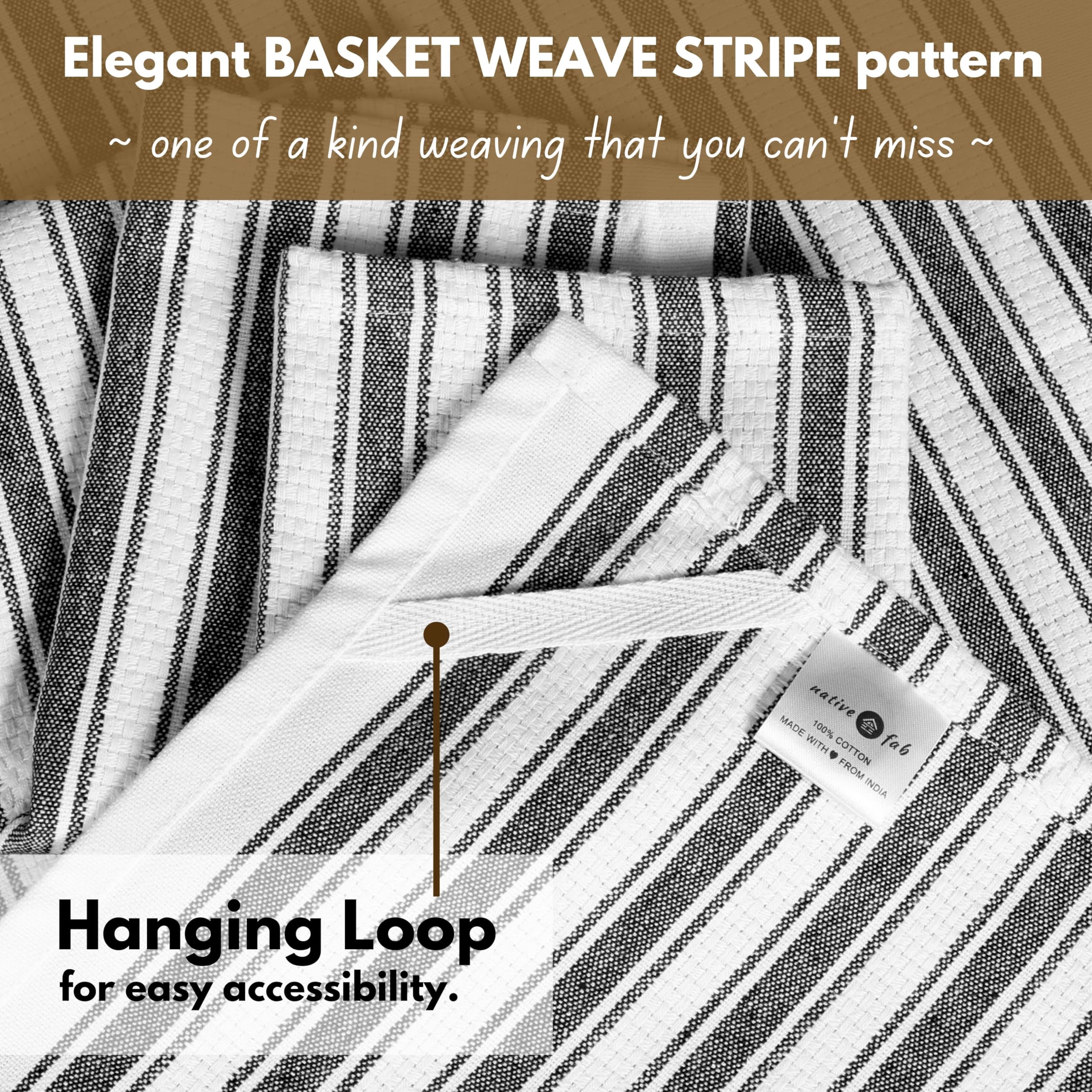 Native Fab Striped Kitchen Towels Set of 4, 100% Cotton, 16x26, Quick Dry Dish Cloths, Black White
