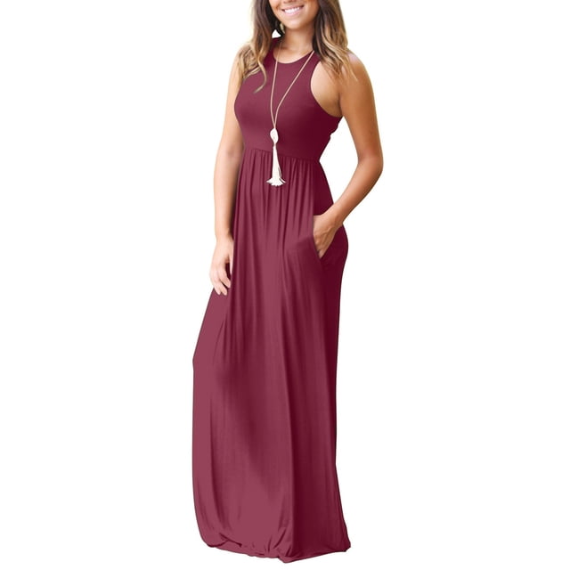 Jumpingount Mujer Bolsillos Cuello Sin Mangas Color Sólido Maxi Vestido Vestidos Vino rojo METRO Jumpingount AP002069-07