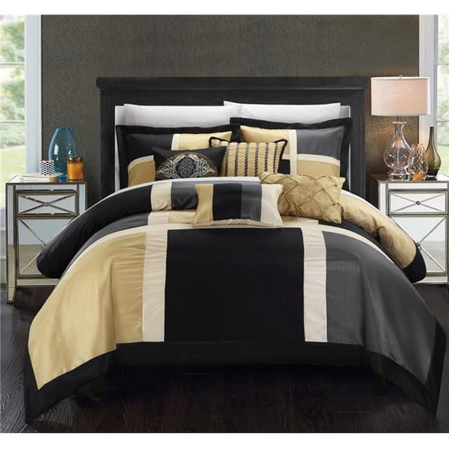 Chic Home CS1750-BIB-US Belissa Black King 11 Piece Ultra Plush Micro Mink Sherpa Lined Ribbed Texture Comforter Set
