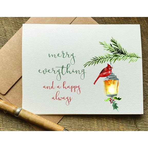 Merry Everything Christmas Card with Cardinal and Lantern Design – Beautifully Illustrated Greeting Card for Holiday Cheer – Blank Inside, Envelope Included