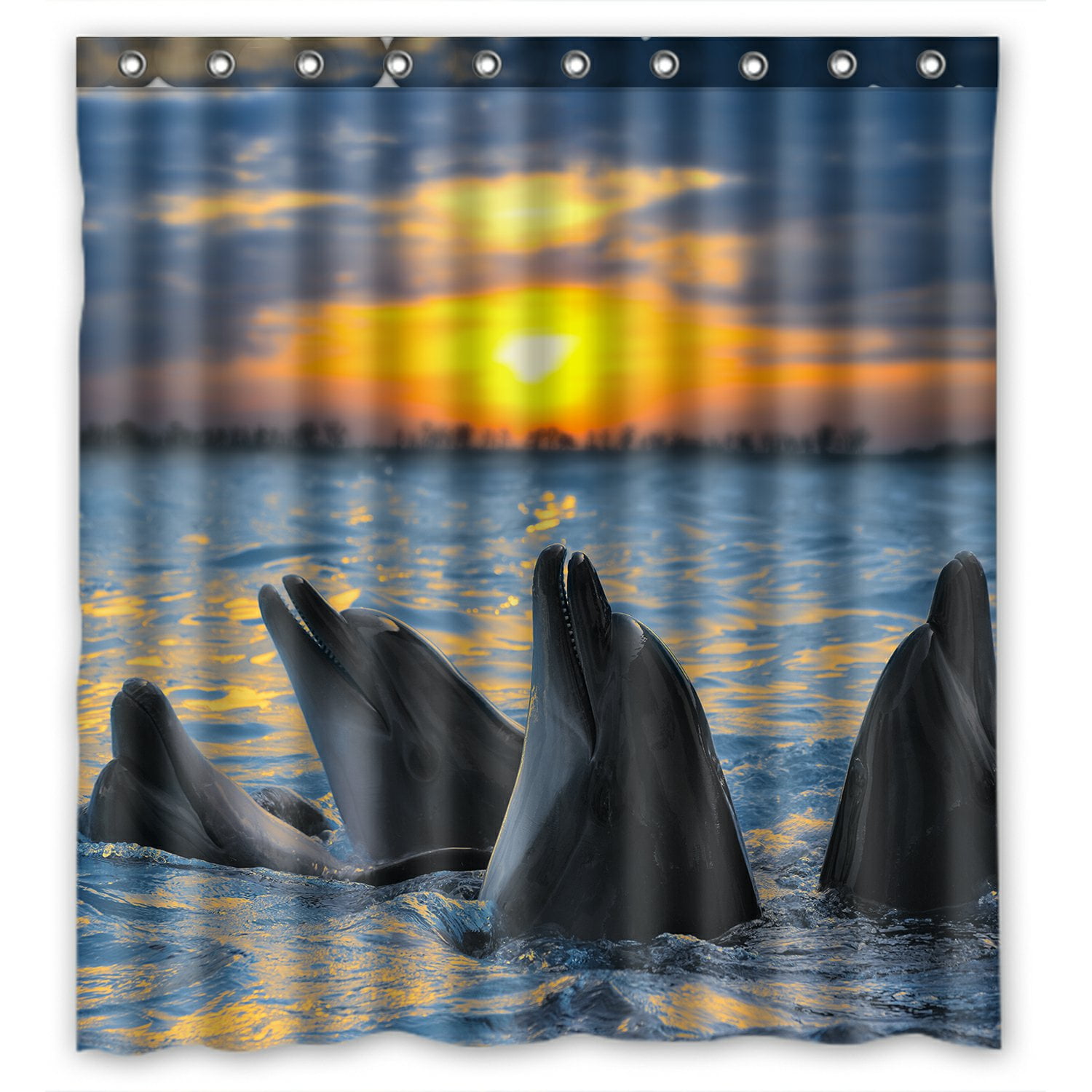 PHFZK Marine Animal Shower Curtain, Dolphins in the Ocean at Sunset