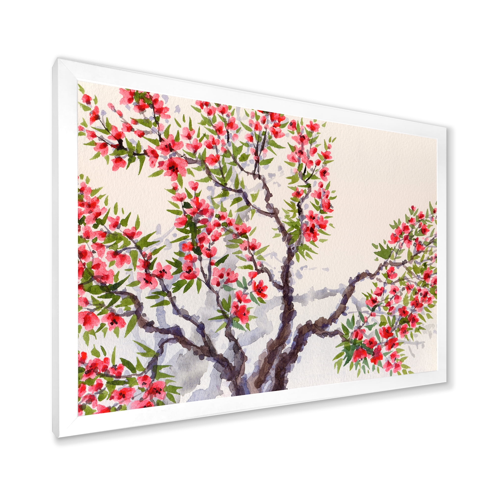 Red Flowers On The Spring Blossoming Tree II 40 in x 30 in Framed Painting Canvas Art Print, by Designart