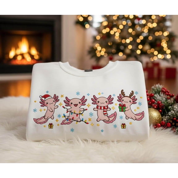 Christmas Light Axolotl Embroidered Shirt, Funny Axolotl Christmas Tee, Cute Holiday Axolotl Sweatshirt, Festive Animal Lover Xmas Gift