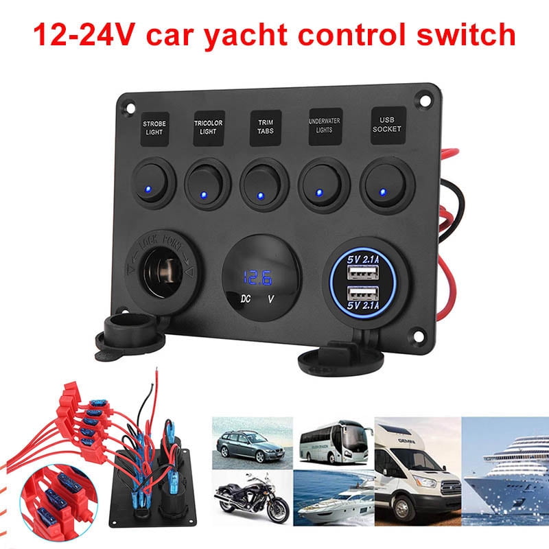 Blue LED 2 Gang ON-OFF Toggle Switch Panel 2 USB 12V Car Boat Marine RV Truck US