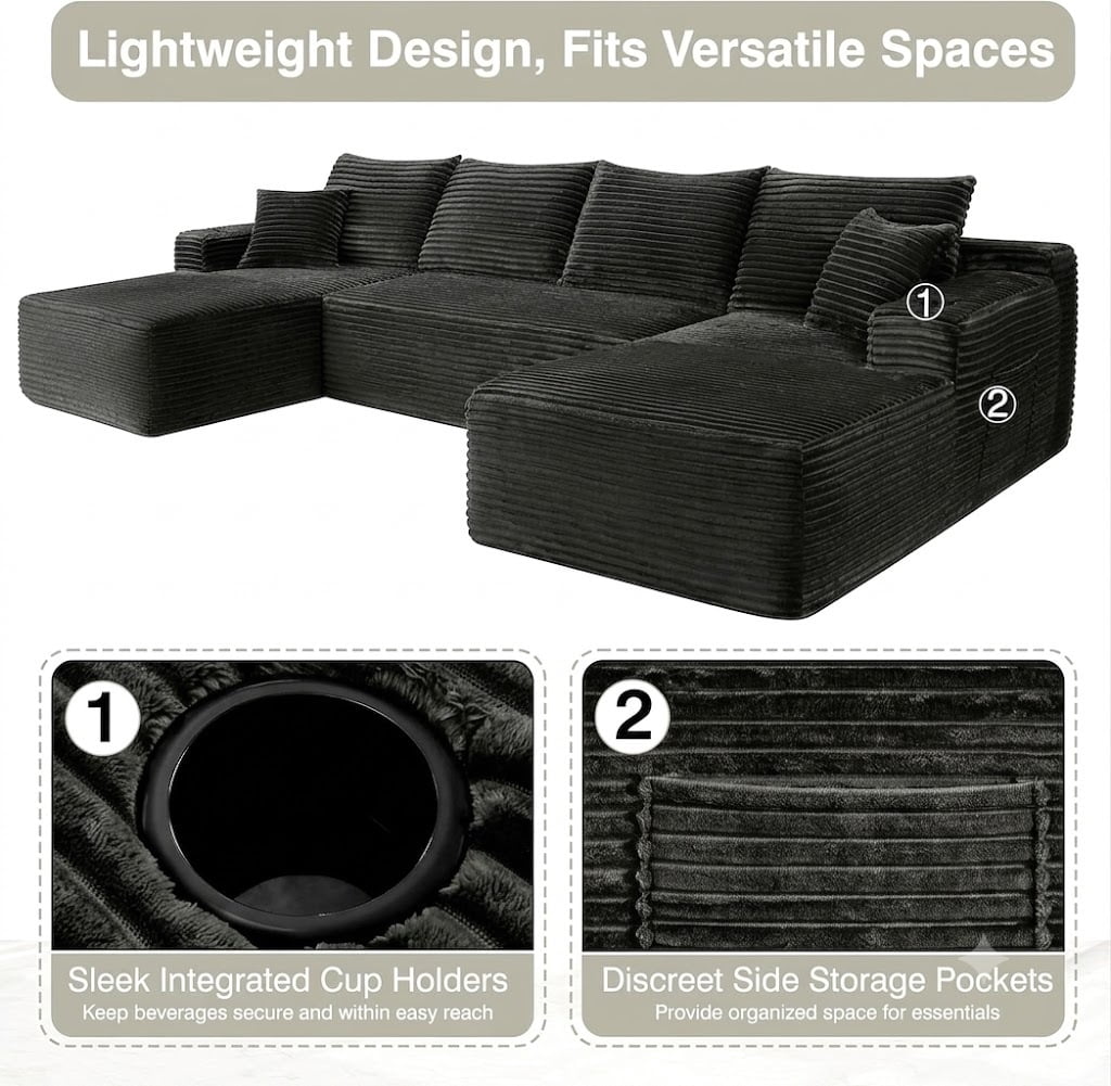 126" Oversized U Shaped Modular Sectional Sofa, Deep Seat Cloud Couch, Boneless Corduroy Compression Sofa, No Assembly, Modern Couch for Living Room, Grey