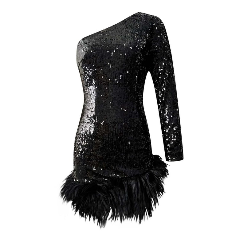 Sequins Design Long Sleeve Ostrich Feather Dresses in 2023