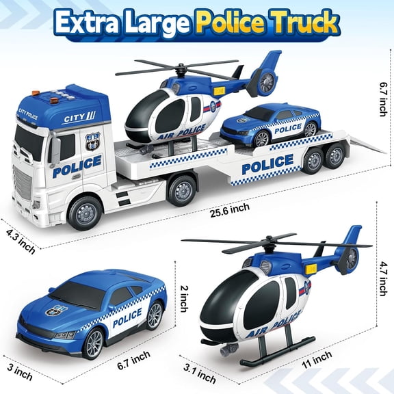 Toddler Boy Toys, 25" Large Police Truck Toy with Racing Car and Helicopter, 3 in 1 Truck Toy Set for Kids 3-6 Years Old