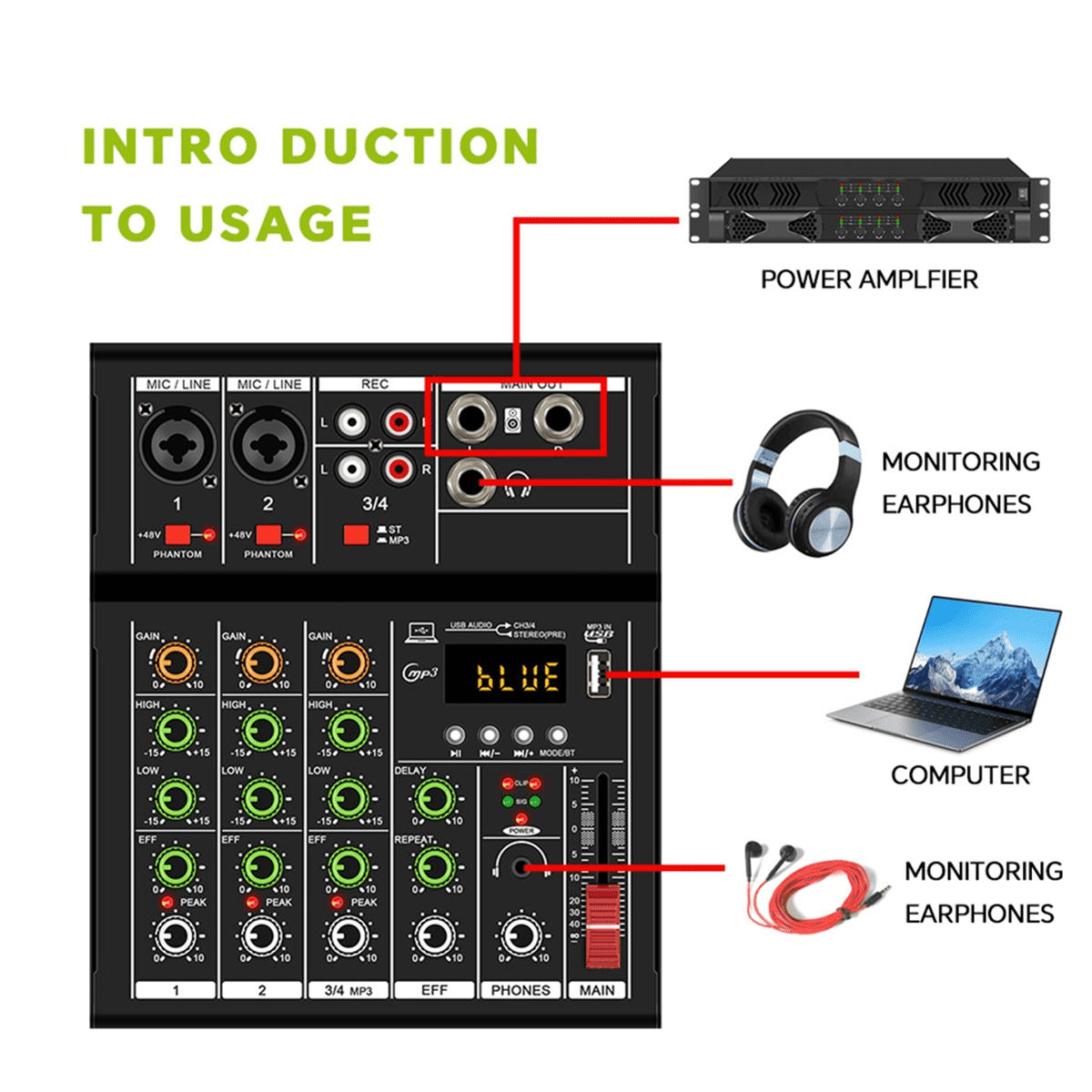 -A4 Professional Portable Digital Dj Console with USB Mixer Border Live Singing 4 Channel Audio Mixer Black