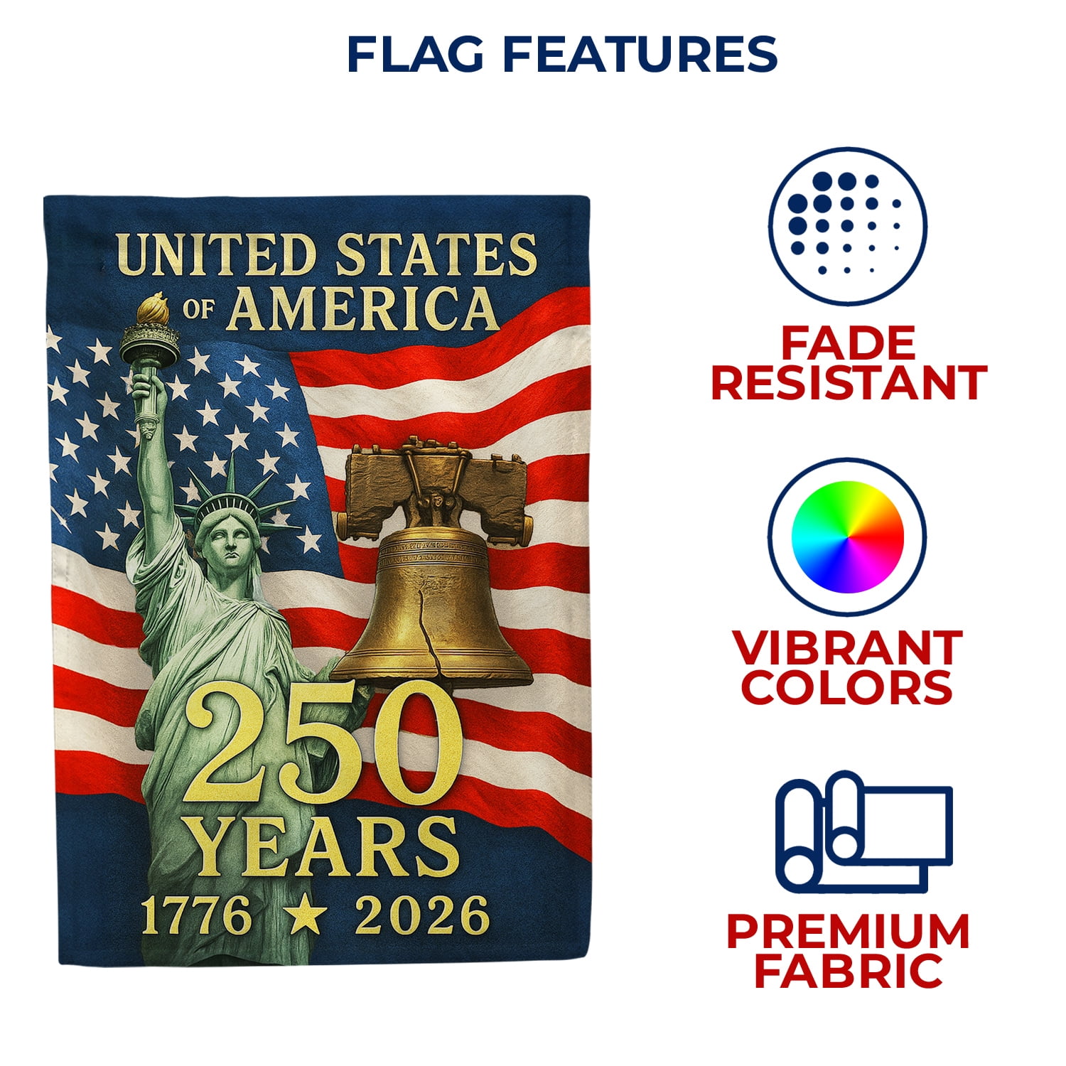 America Forever 250th Anniversary House Flag, 28 x 40 inch Double Sided, 1776-2026 Commemorative, Statue of Liberty Liberty Bell, Patriotic USA Flag, Semiquincentennial