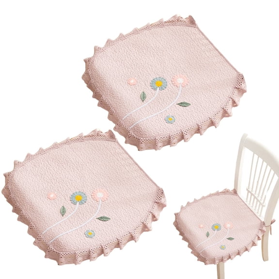 Pair of Lace Cotton Chair Cushions, Thin Decorative Seat Cushions for Dining Kitchen, Ruffled Non-Slip Pad for Chairs, Home Decor - Pink, 45x45cm