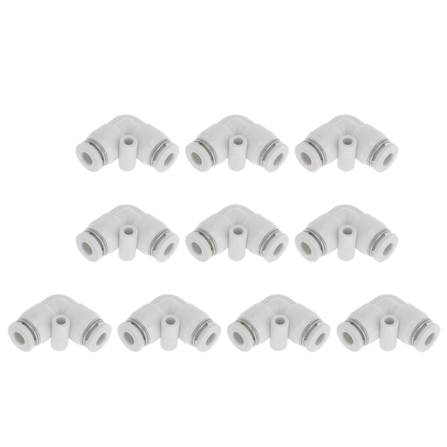 Conectores de aire de 90 grados de dos vías Unique Bargains, ajuste de 5/32", plástico, 10 piezas, tono blanco y plateado