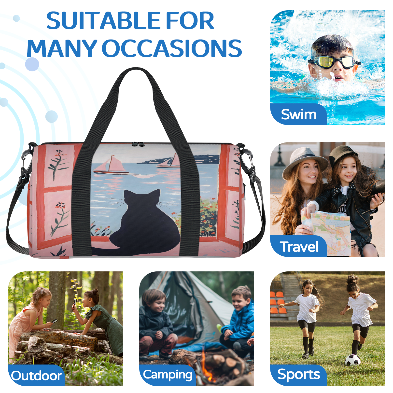 Herdesigns Cute Gym Bag for Women, Black Cat Duffle Bag for Travel Sport, Lightweight Waterproof Carry on Weekender Overnight Dance Yoga Workout Bags