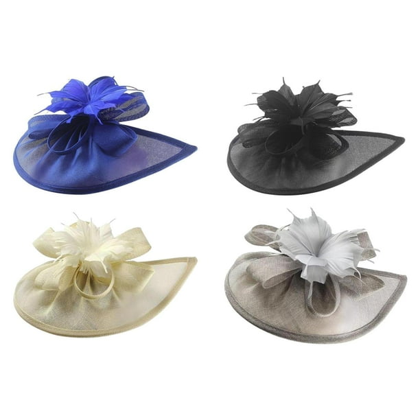 Juego de 4 tocados de malla para mujer, con flores y plumas, estilo vintage, para cóctel o fiesta de té. Azul Negro Beige Gris