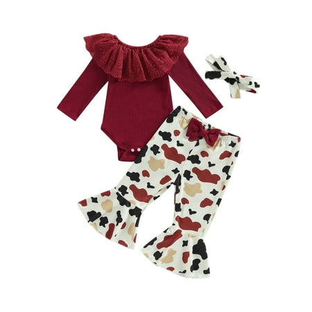 

Bagilaanoe 3pcs Newborn Baby Girl Long Pants Set Long Sleeve Romper Tops + Flare Trousers + Headband 6M 12M 18M 24M Infant Casual Outfits