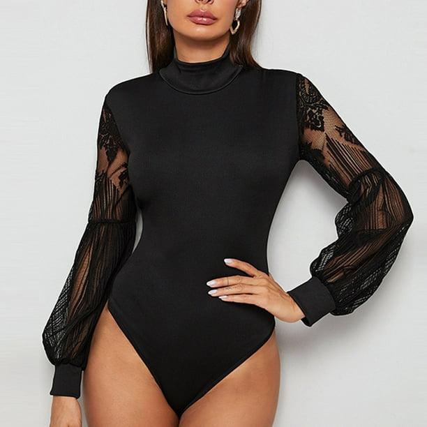 Women Long Lace Sleeve Bodysuit, High Cut Bottom Polyester Fiber