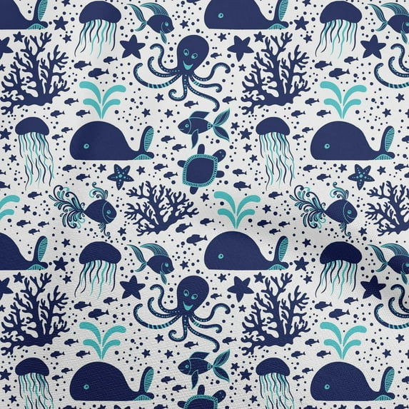 oneOone Cotton Poplin Twill Navy Blue Fabric Ocean Underwater Life Craft Projects Decor Fabric Printed By The Yard 56 Inch Wide