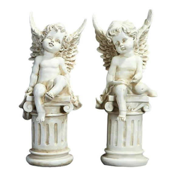 2x Cute Cherub Statues Greek Column Decorative Memorial Props Garden Figurines Sculpture for Indoor Outdoor Yard Wedding Porch Backyard