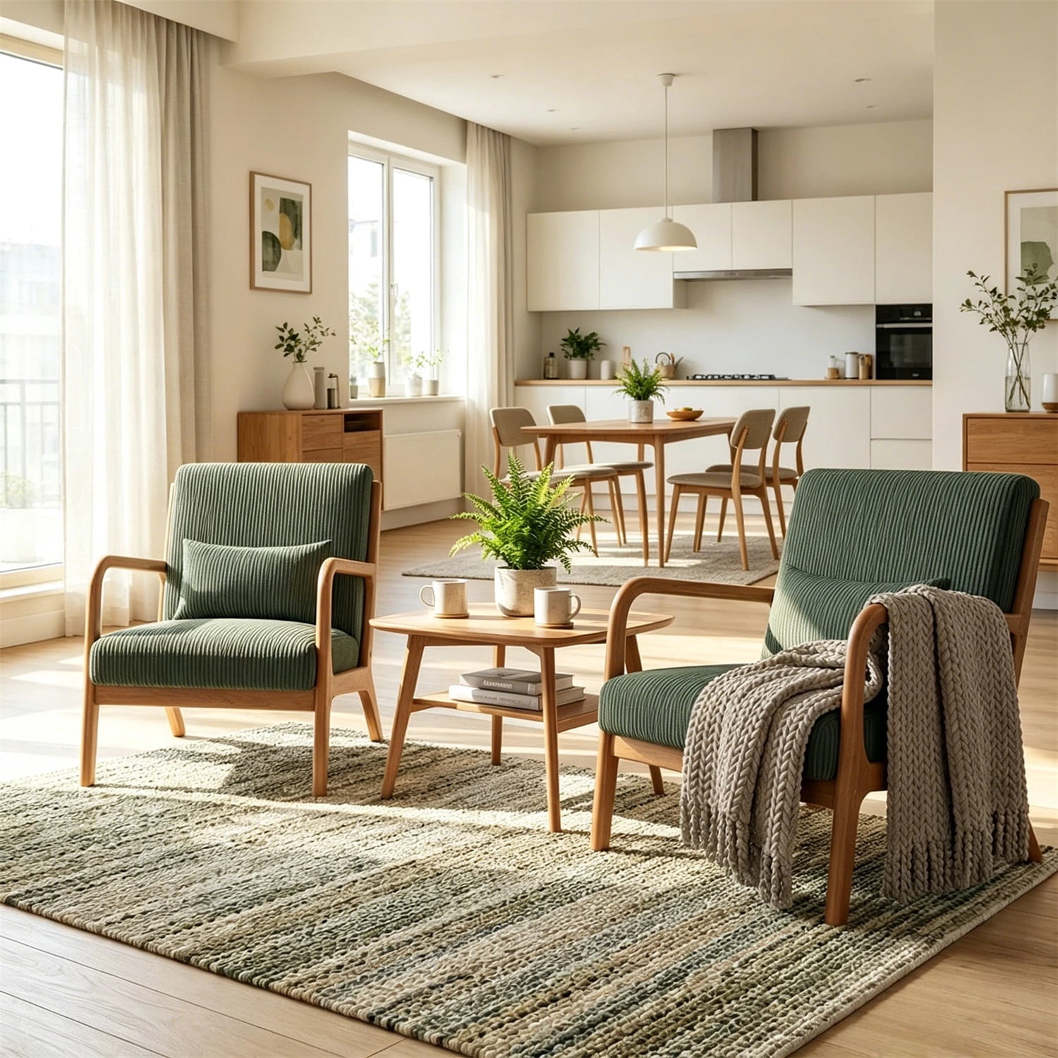 Hommoo Modern Accent Chair, Striped Corduroy Fabric Arm Chair with Solid Wood Frame, Upholstered Comfy Reading Chair for Home, Green