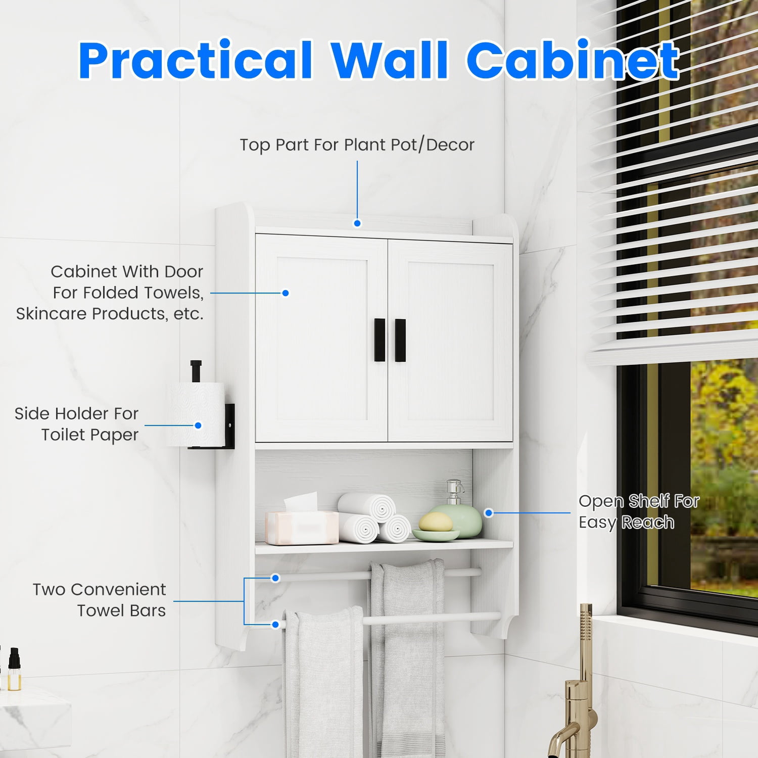 Astoutdoor Wall-Mounted Bathroom Storage Cabinet, Engineered Wood with Adjustable Shelf, Towel Bar, Toilet Paper Holder, Open Shelf, White