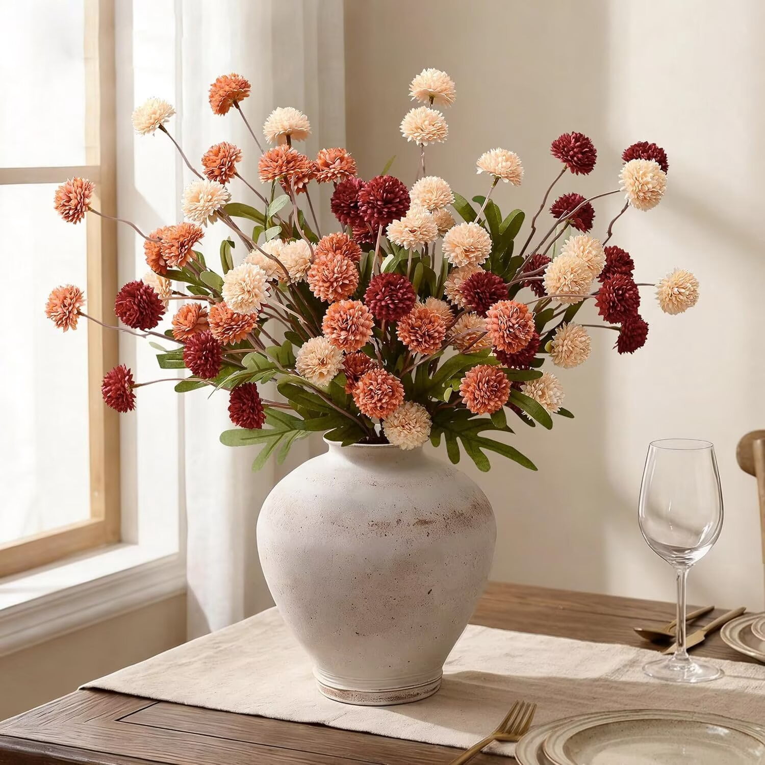 Pakyozj 10pcs Fake Silk Pompon Mum Artificial Flowers, Bulk Faux Mini Chrysanthemums, for Centerpieces Wedding Fillers Champagne Arrangements Boho Decor, No vase