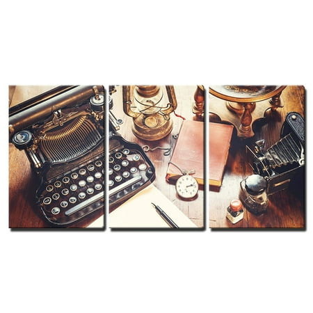 Wall26 3 Piece Canvas Wall Art Vintage Items Camera Pen Globe Clock Typewriter On The Old Desk Modern Home Decor Stretched And Framed Ready