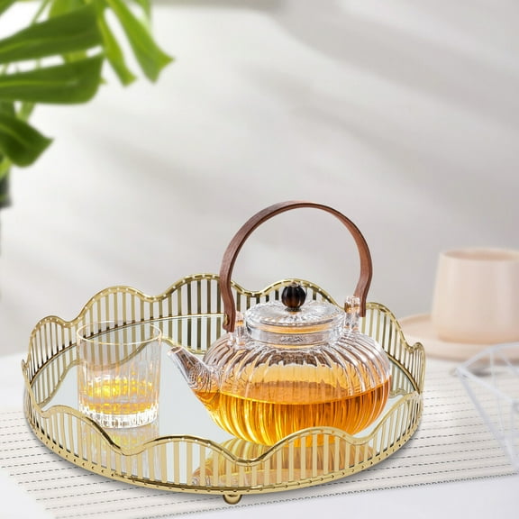 Curve Gold Glass Mirror Centerpieces Perfume Holder Decorative Organizer and Storage Makeup Bathroom Tray Home Vanity for Dresser Coffee Table Bedroom Living Room (Round)