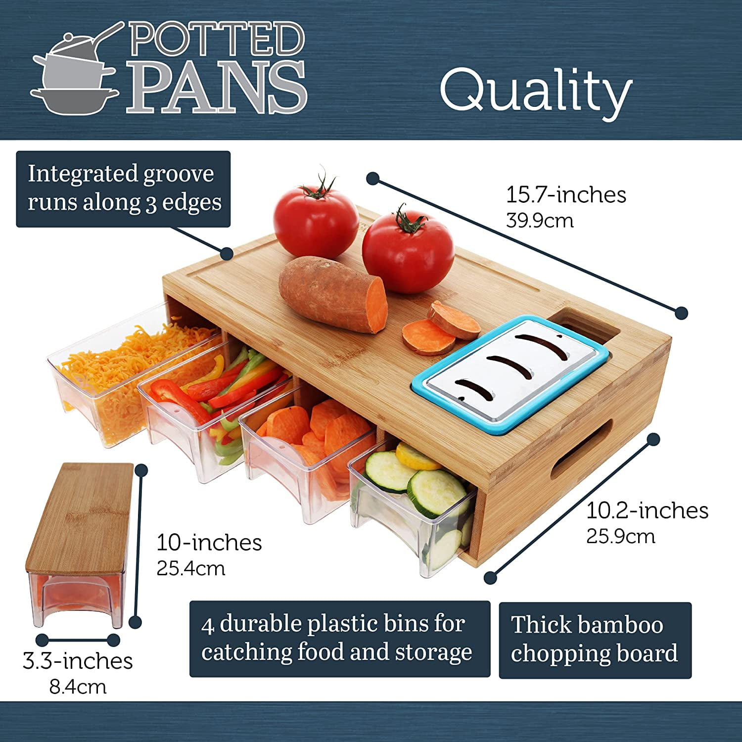 Chopping Board with Storage and Food Prep Station - Meal Prep Station,  Bamboo Cutting Board with Juice Grooves, Four Containers & Assorted Graters