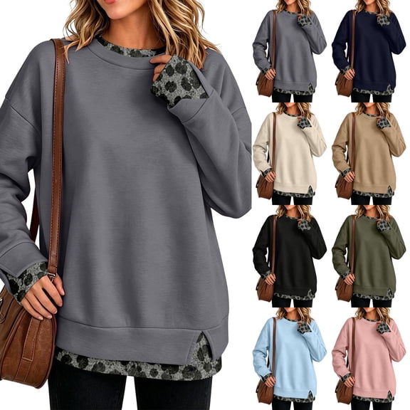 Trgacdwlo Womens Oversized Crewneck Sweatshirt Fake Two‑piece Leopard Print Trim Pullover Shirt Split Hem Fall Winter Womens Sweatshirt