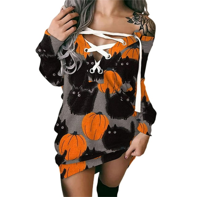 FOCUSNORM Robe Imprimée d'Halloween pour Femmes Juniors, Mode à Nouer Col Rond Manches Longues une-Pièce