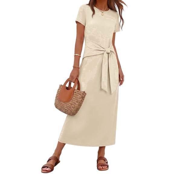 Merokeety Womens Summer T Shirt Dresses Crew Neck Tie Waist Midi Dress Apricot s