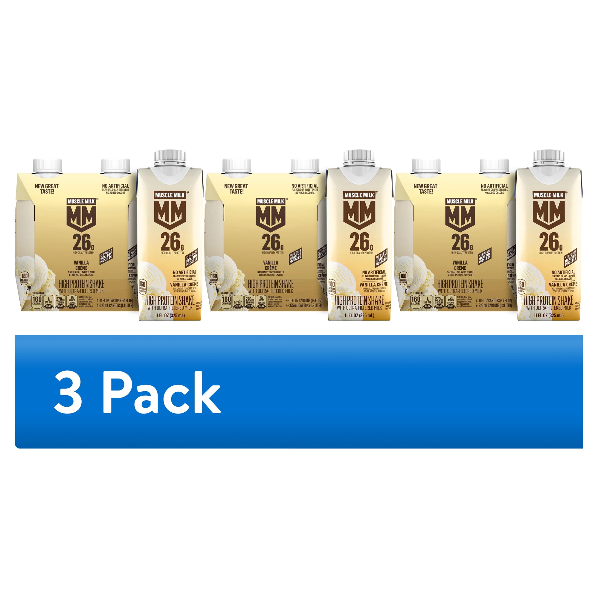 (3 pack) Muscle Milk 26g High Protein Shake, Vanilla Creme, Ultra- Filtered Milk 11 fl oz, 4 pack