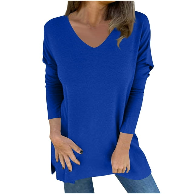 Timegard Plus Size Tops for Women Long Sleeve V Neck Tops Casual Solid Color Comfy Trendy Blouses