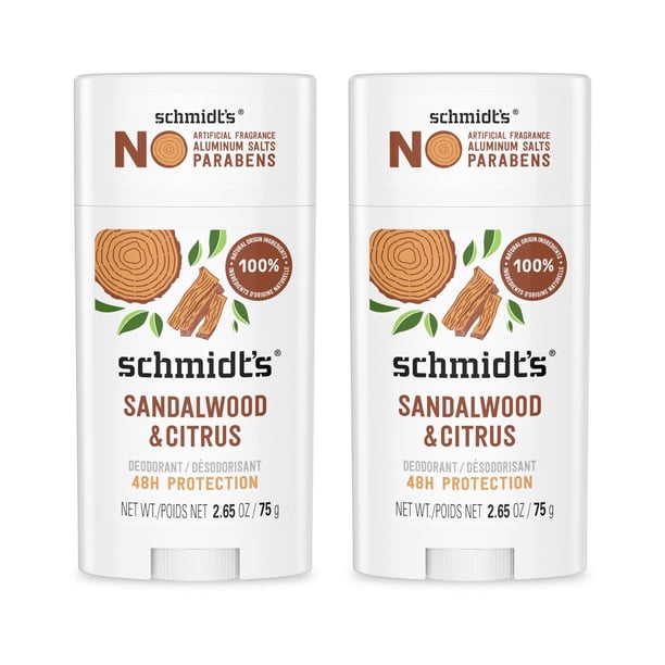 Schmidt's Aluminum Free Natural Deodorant for Women and Men, Sandalwood and Citrus with 24 Hour Odor Protection, Certified Natural, Vegan, Cruelty Free, 2.65 oz Pack of 2
