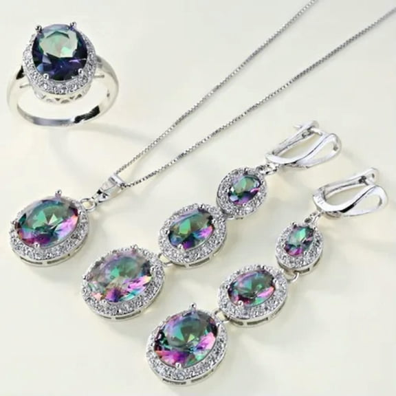 EOEMY Women Jewelry Set 925 Silver Gold Crystal Zircon Peacock Necklace Earrings Rings-#9-7