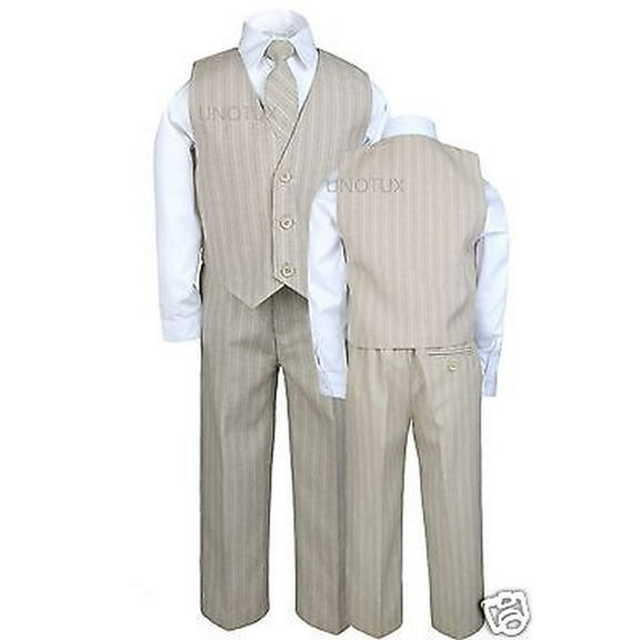 Baby Toddler Boys 4pc Vest Set Pinstripe Formal Tuxedo Suits Khaki Beige sz S-20
