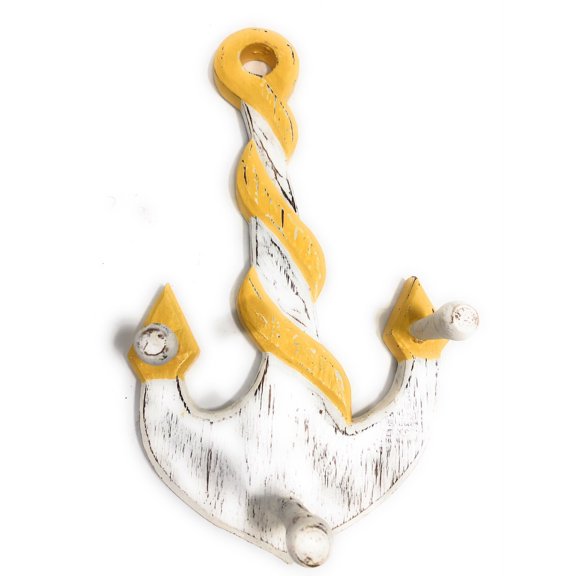 Anchor Hanger 12" w/ 3-Pegs - Rustic Yellow Nautical Accent | #ort1700230y